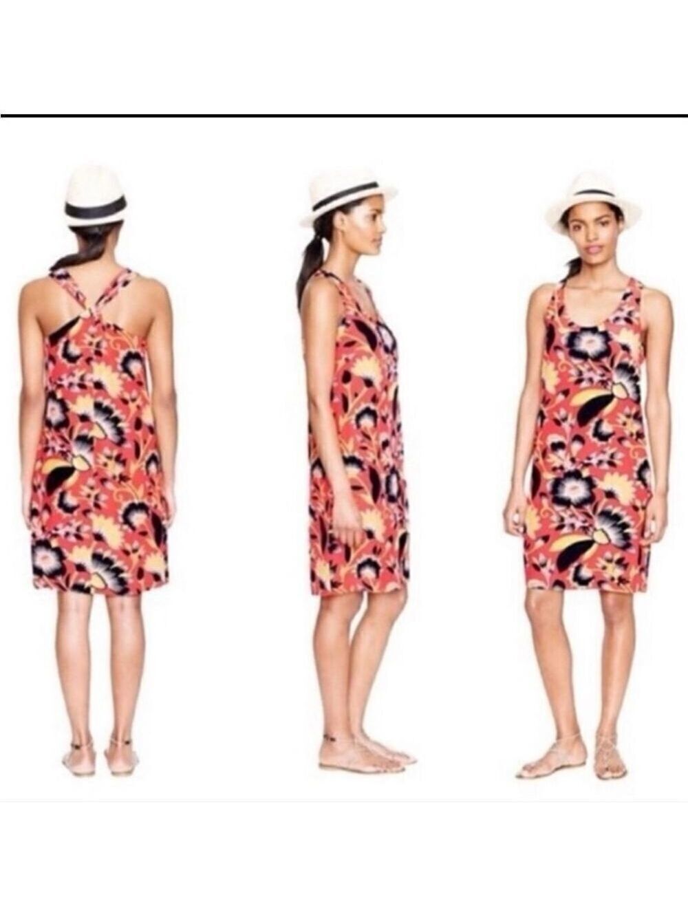 J Crew Woman Coral Navy Blue Silk Floral Hibiscus Twist Back Dress Size 00